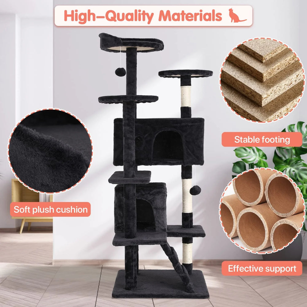 54-In Double Condo Cat Tree Playhouse with Scratching Post for Indoor, Dark Gray