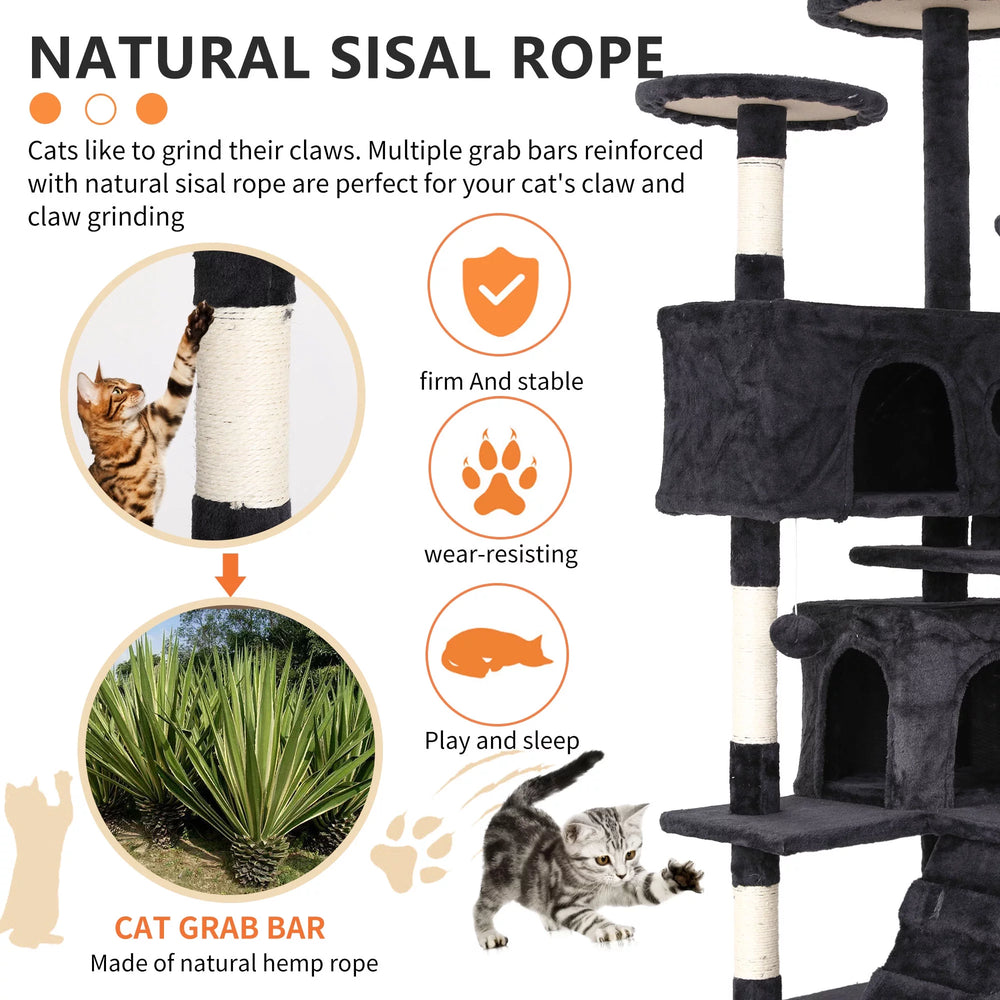 54-In Double Condo Cat Tree Playhouse with Scratching Post for Indoor, Dark Gray