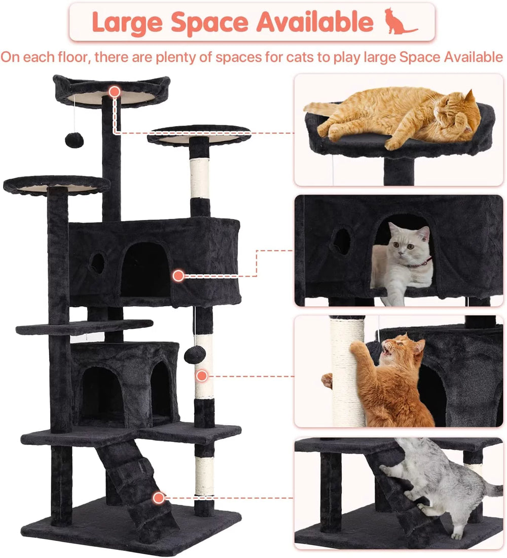54-In Double Condo Cat Tree Playhouse with Scratching Post for Indoor, Dark Gray