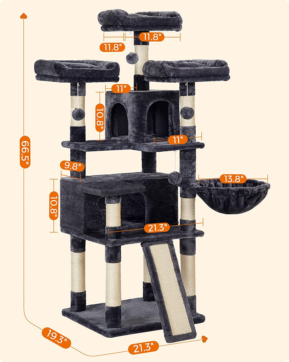 FEANDREA 66.5" Large Cat Tower | Cat Condo with Plush Perches & Scratching Board