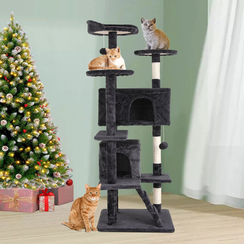 54-In Double Condo Cat Tree Playhouse with Scratching Post for Indoor, Dark Gray