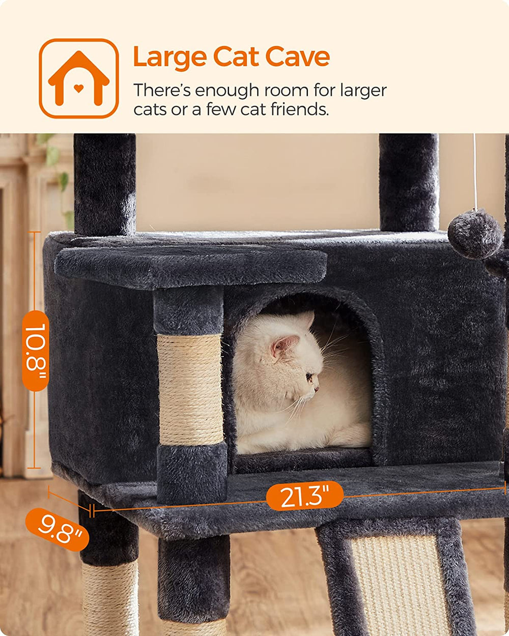 FEANDREA 66.5" Large Cat Tower | Cat Condo with Plush Perches & Scratching Board
