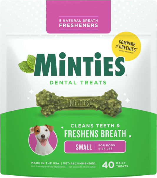 Get Fresh Breath: 40-Count Minties Dental Bone Treats for Dogs Under 40 lbs | Vet Recommended