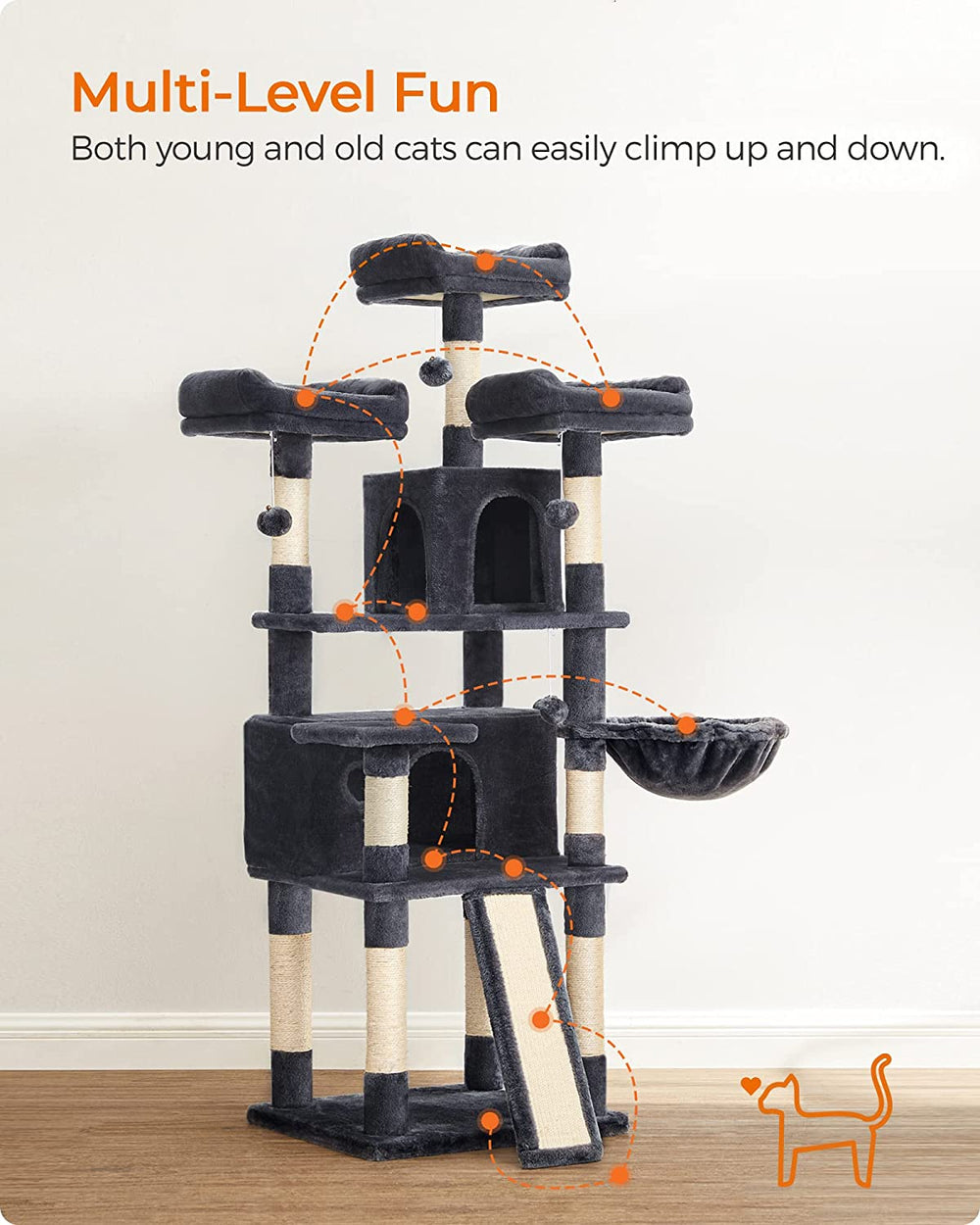FEANDREA 66.5" Large Cat Tower | Cat Condo with Plush Perches & Scratching Board