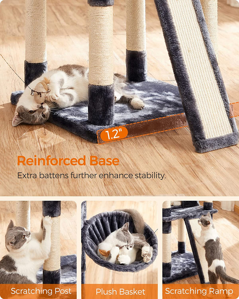 FEANDREA 66.5" Large Cat Tower | Cat Condo with Plush Perches & Scratching Board