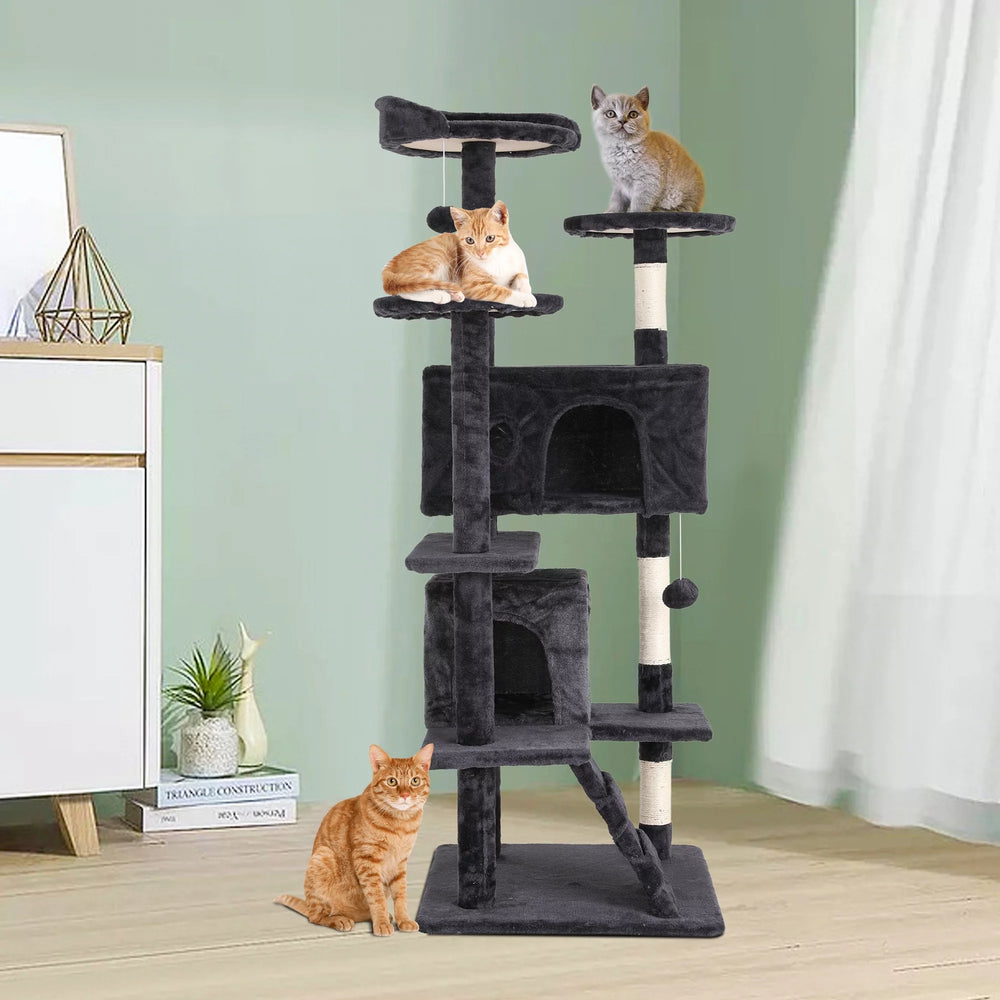 54-In Double Condo Cat Tree Playhouse with Scratching Post for Indoor, Dark Gray