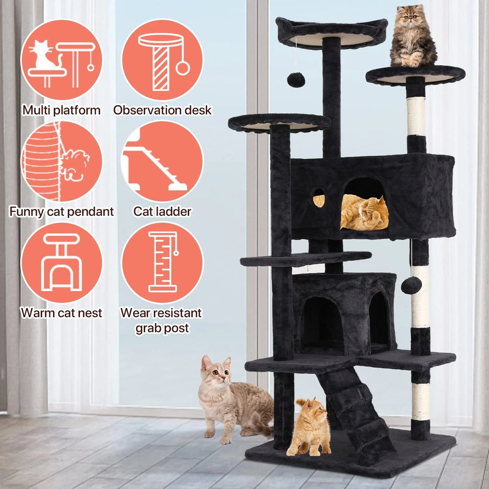 54-In Double Condo Cat Tree Playhouse with Scratching Post for Indoor, Dark Gray