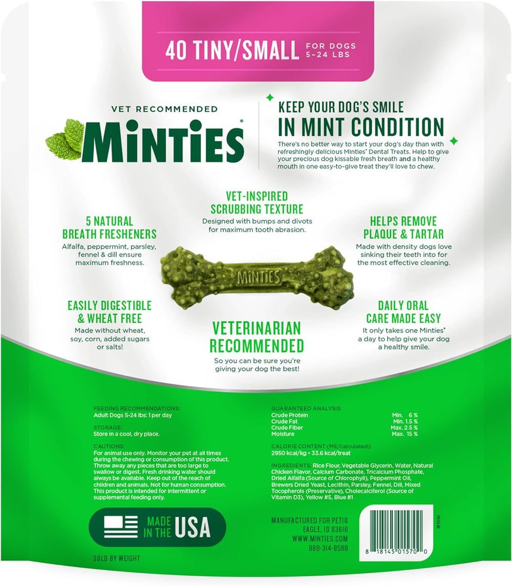 Get Fresh Breath: 40-Count Minties Dental Bone Treats for Dogs Under 40 lbs | Vet Recommended