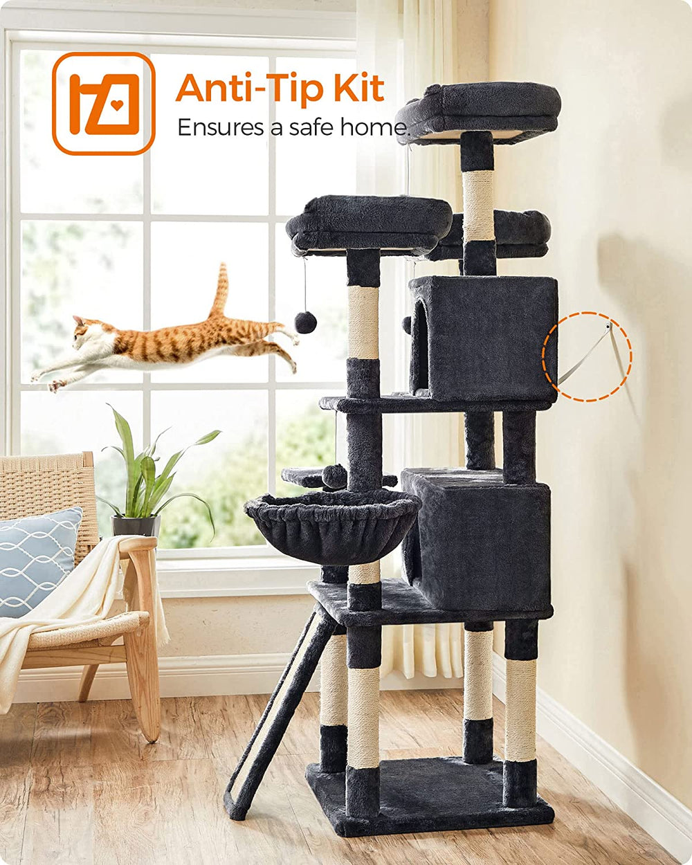 FEANDREA 66.5" Large Cat Tower | Cat Condo with Plush Perches & Scratching Board