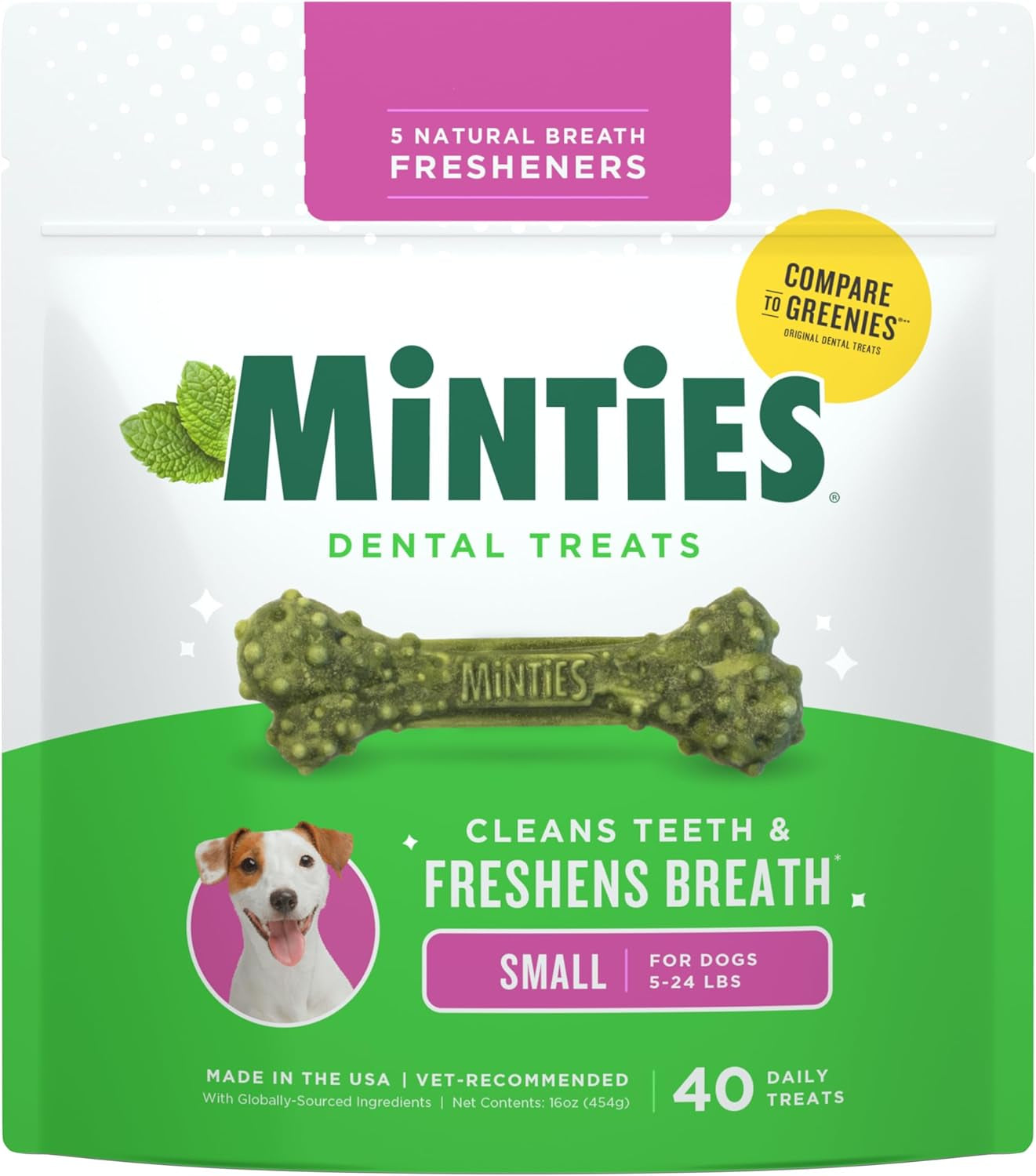 Get Fresh Breath: 40-Count Minties Dental Bone Treats for Dogs Under 40 lbs | Vet Recommended